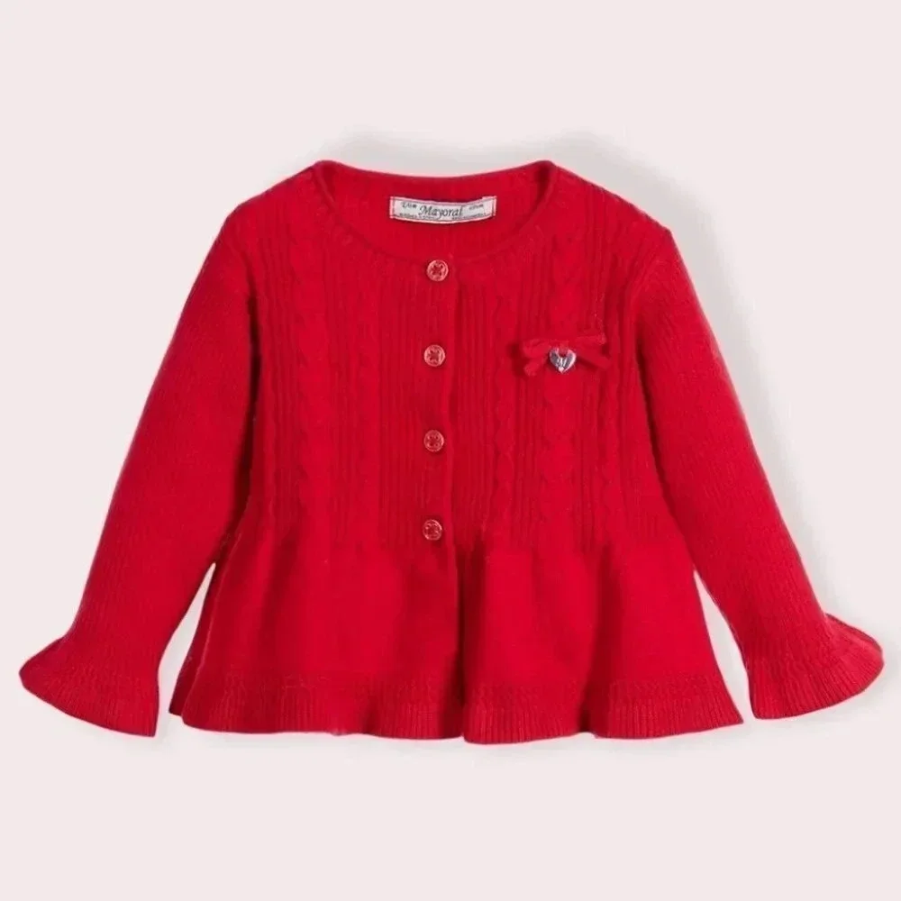 NWT Mayoral Chic cardigan sweater red cable‎ knit peplum hem size 6 months
